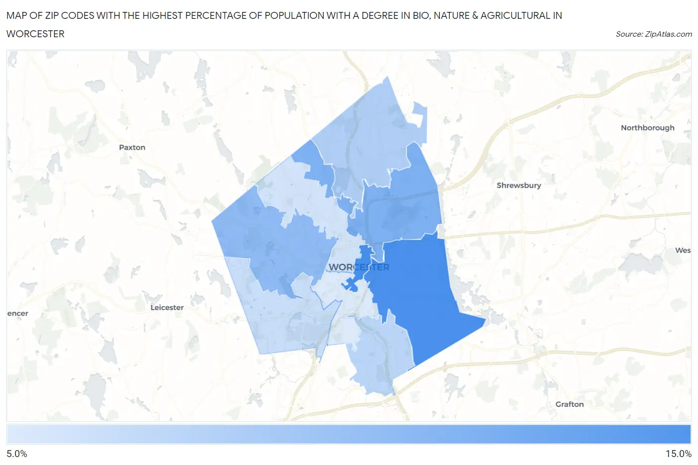 Zip Codes with the Highest Percentage of Population with a Degree in Bio, Nature & Agricultural in Worcester Map