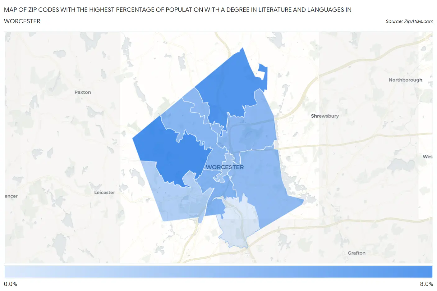Zip Codes with the Highest Percentage of Population with a Degree in Literature and Languages in Worcester Map