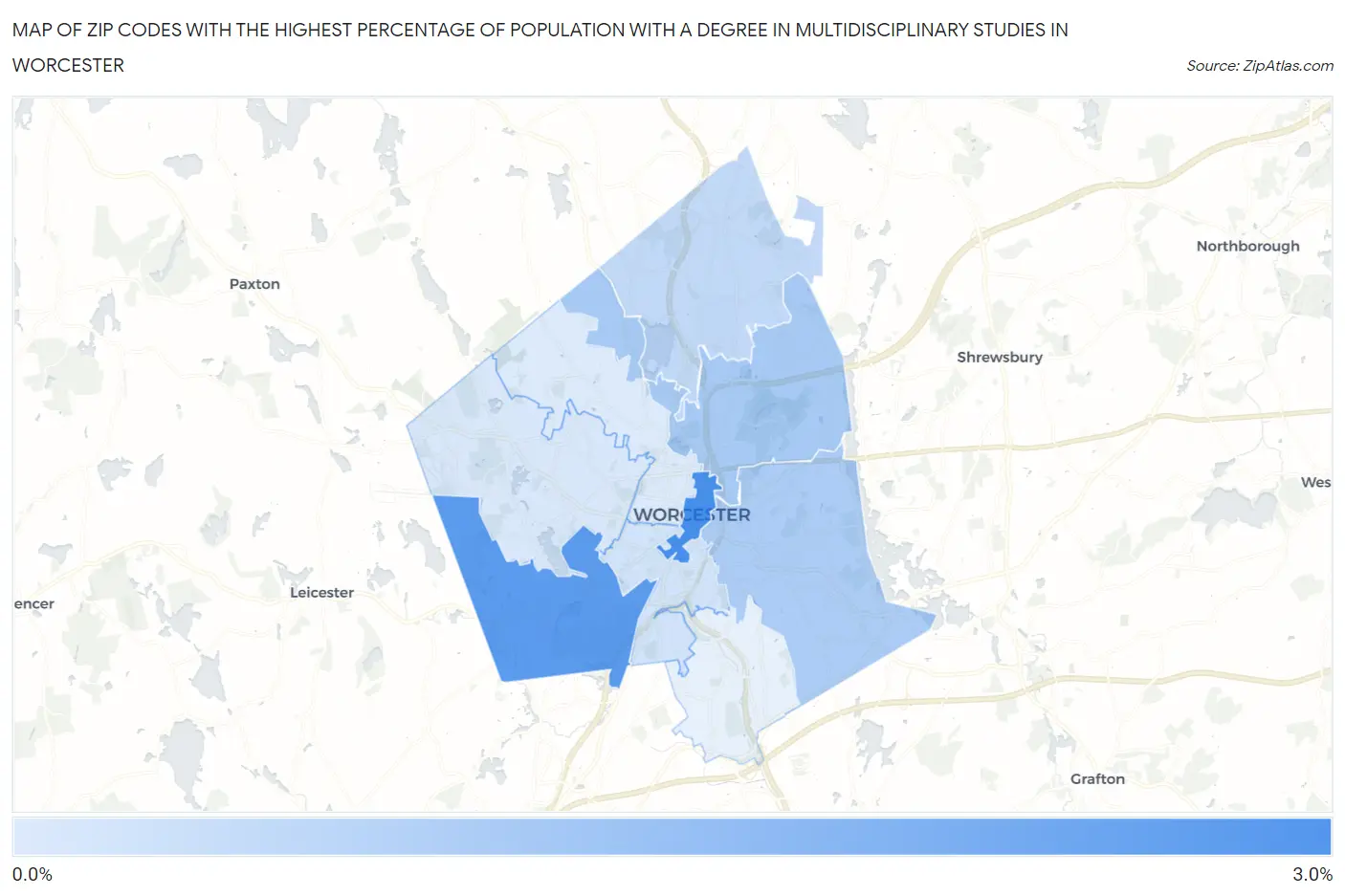 Zip Codes with the Highest Percentage of Population with a Degree in Multidisciplinary Studies in Worcester Map