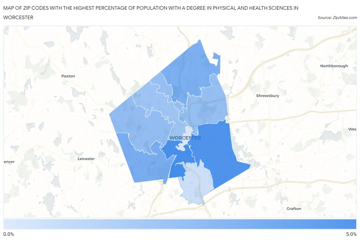 Zip Codes with the Highest Percentage of Population with a Degree in Physical and Health Sciences in Worcester Map