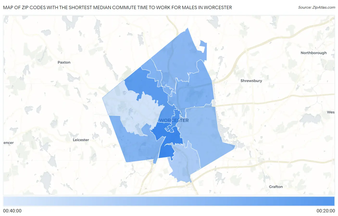 Zip Codes with the Shortest Median Commute Time to Work for Males in Worcester Map