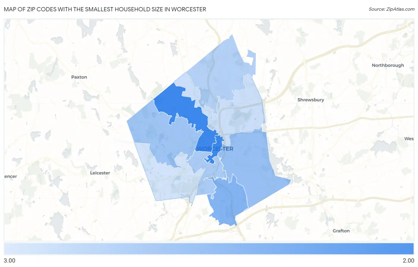 Zip Codes with the Smallest Household Size in Worcester Map