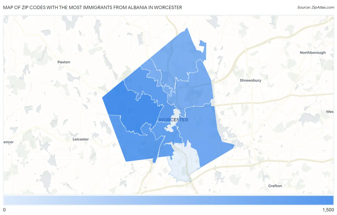 Zip Codes with the Most Immigrants from Albania in Worcester Map