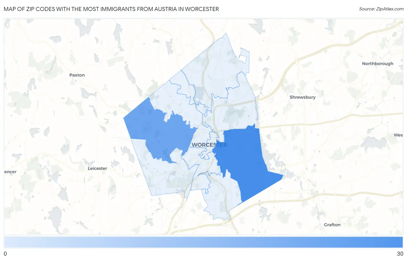 Zip Codes with the Most Immigrants from Austria in Worcester Map