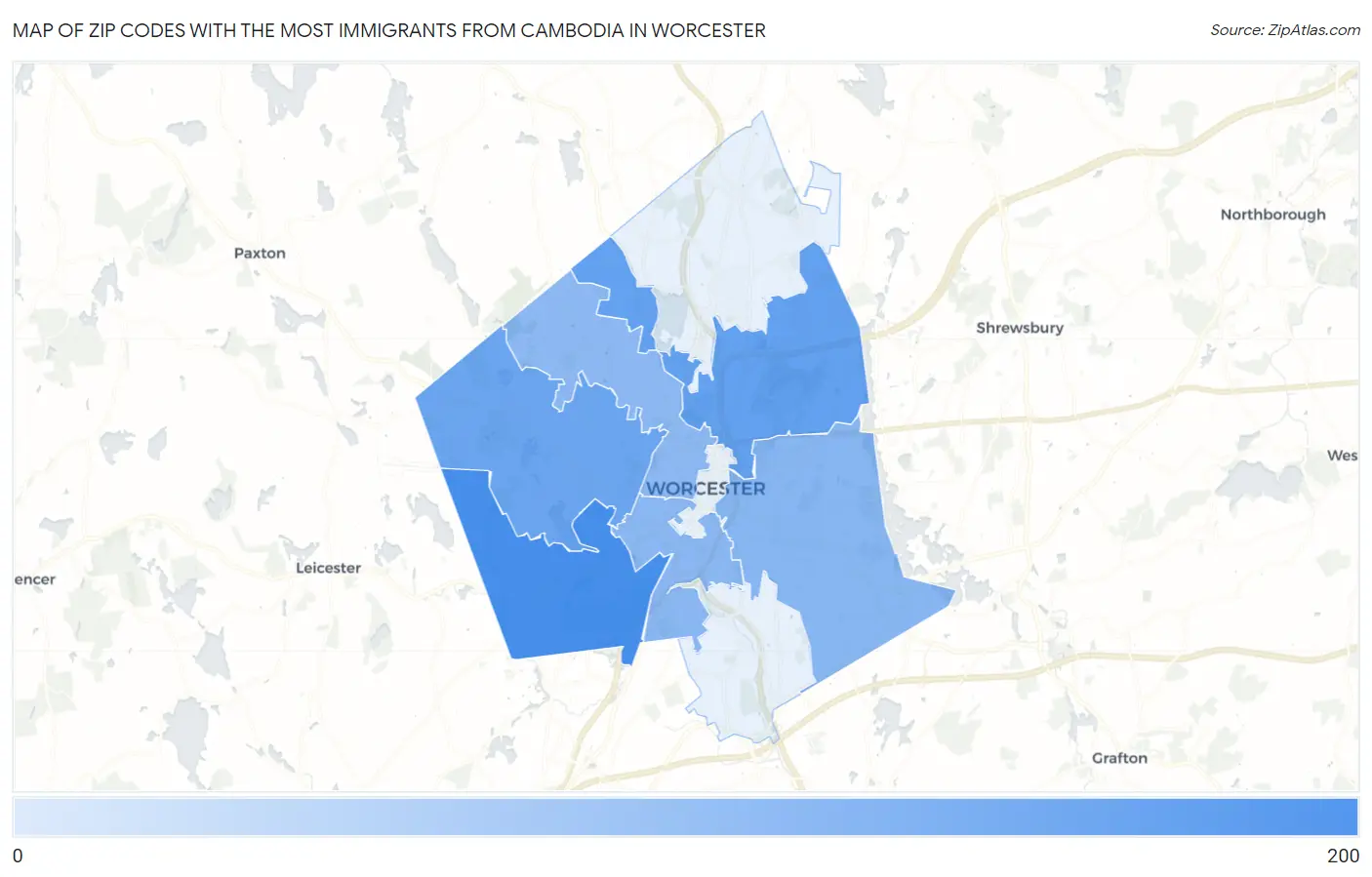Zip Codes with the Most Immigrants from Cambodia in Worcester Map