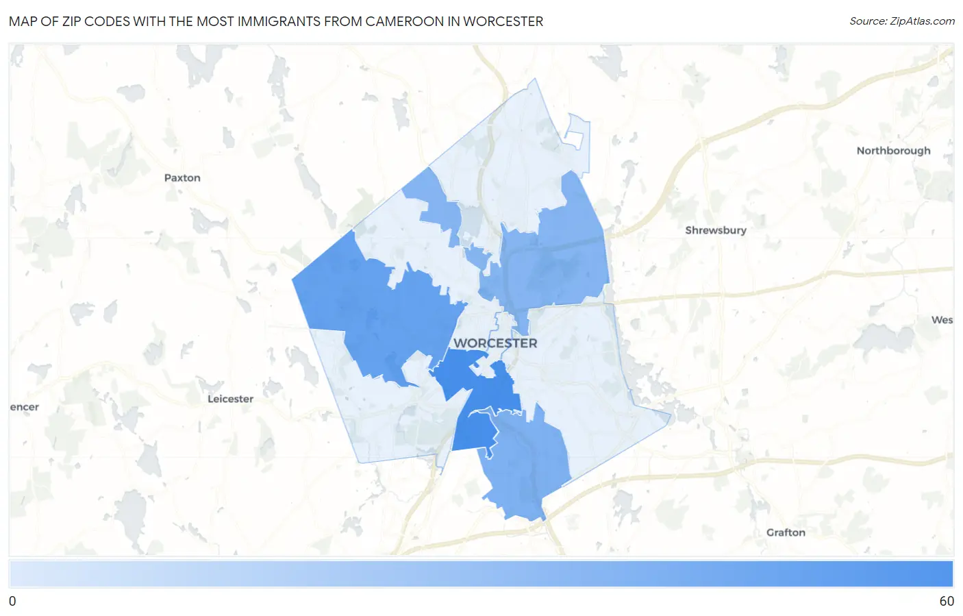 Zip Codes with the Most Immigrants from Cameroon in Worcester Map