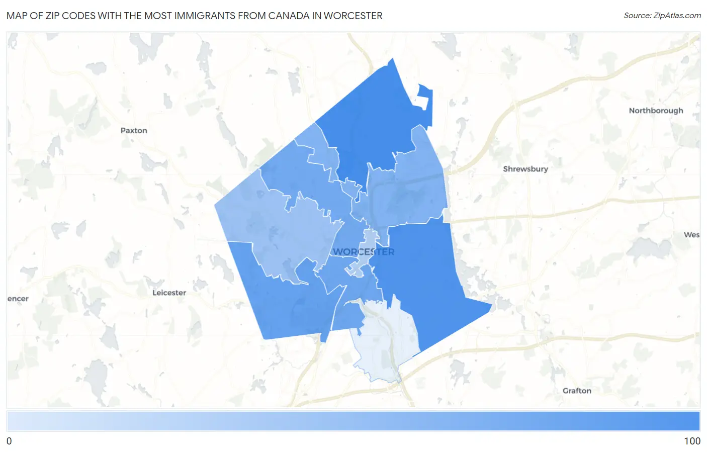 Zip Codes with the Most Immigrants from Canada in Worcester Map