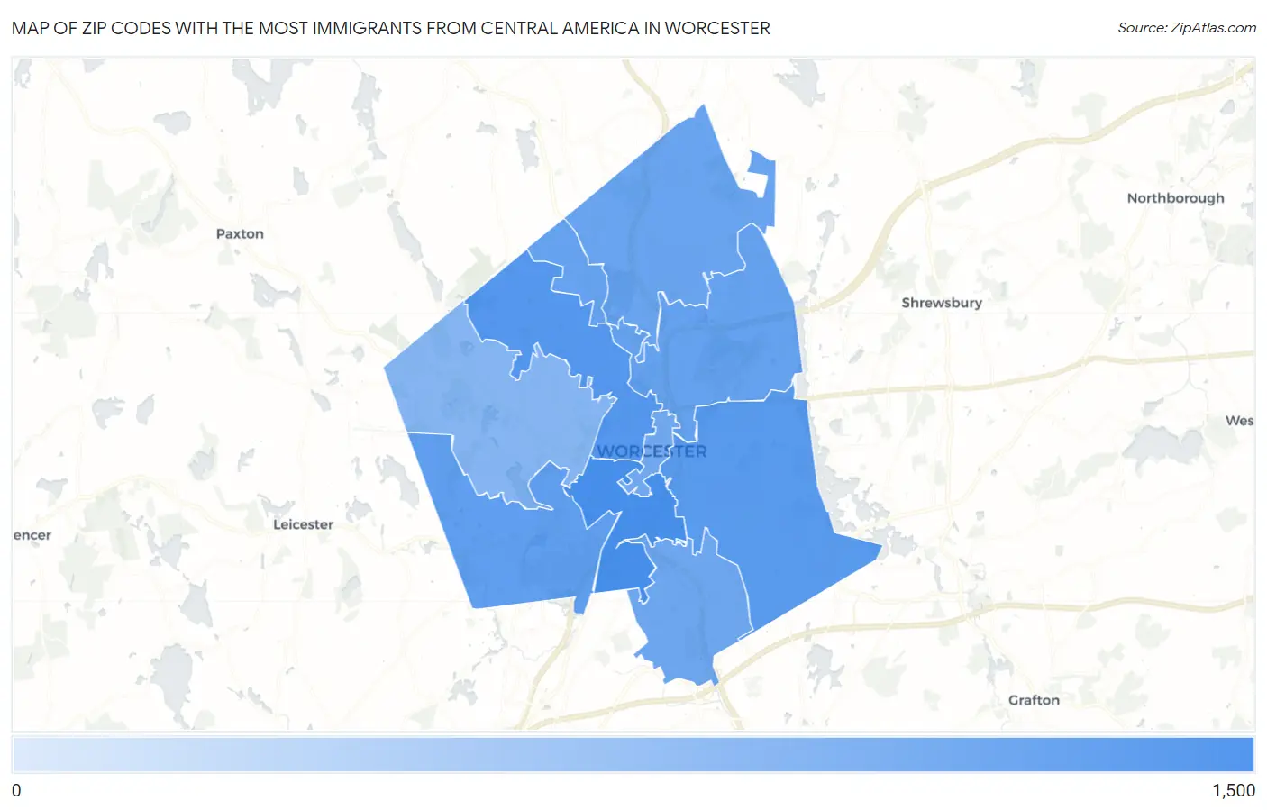 Zip Codes with the Most Immigrants from Central America in Worcester Map