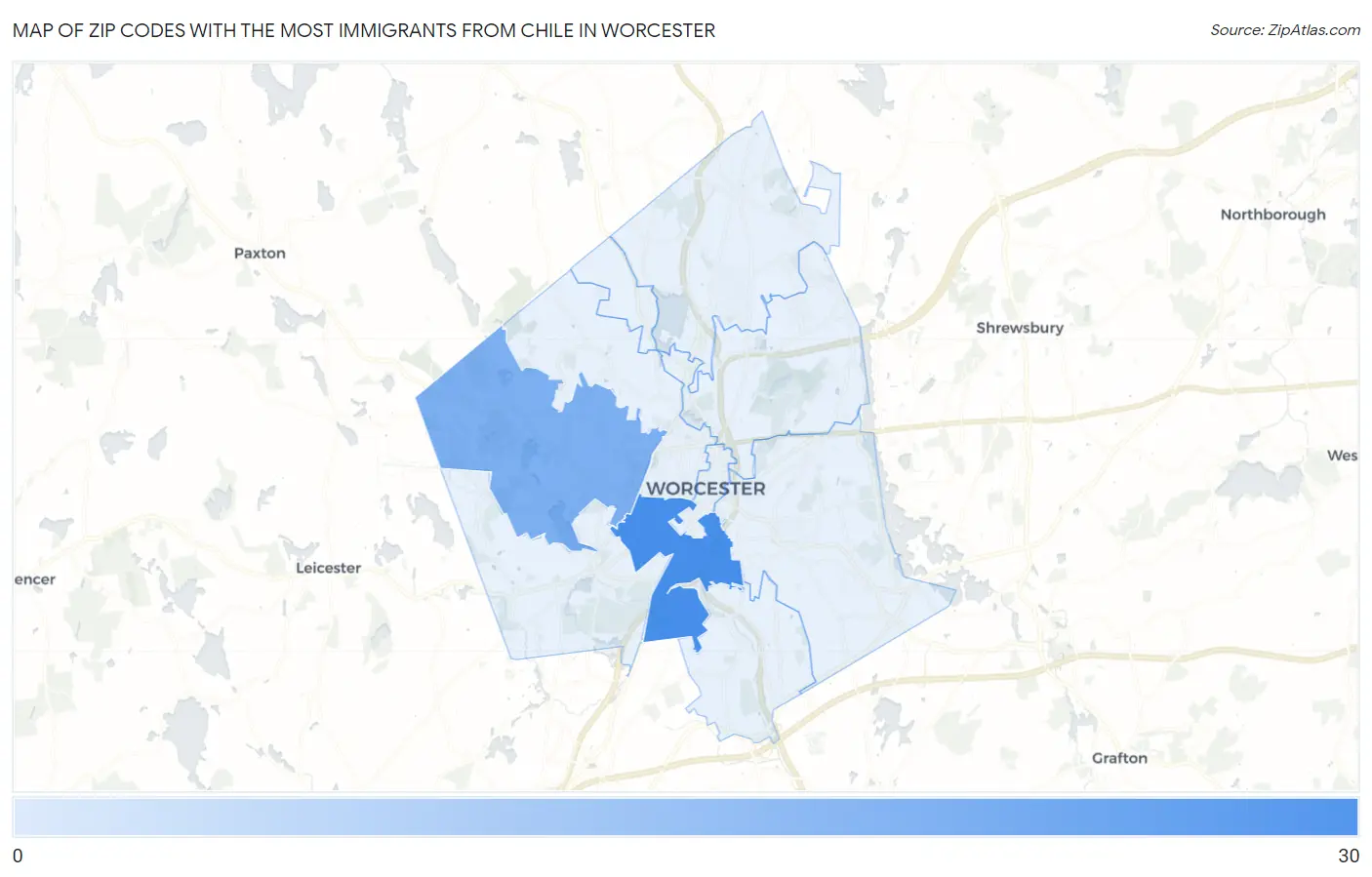 Zip Codes with the Most Immigrants from Chile in Worcester Map