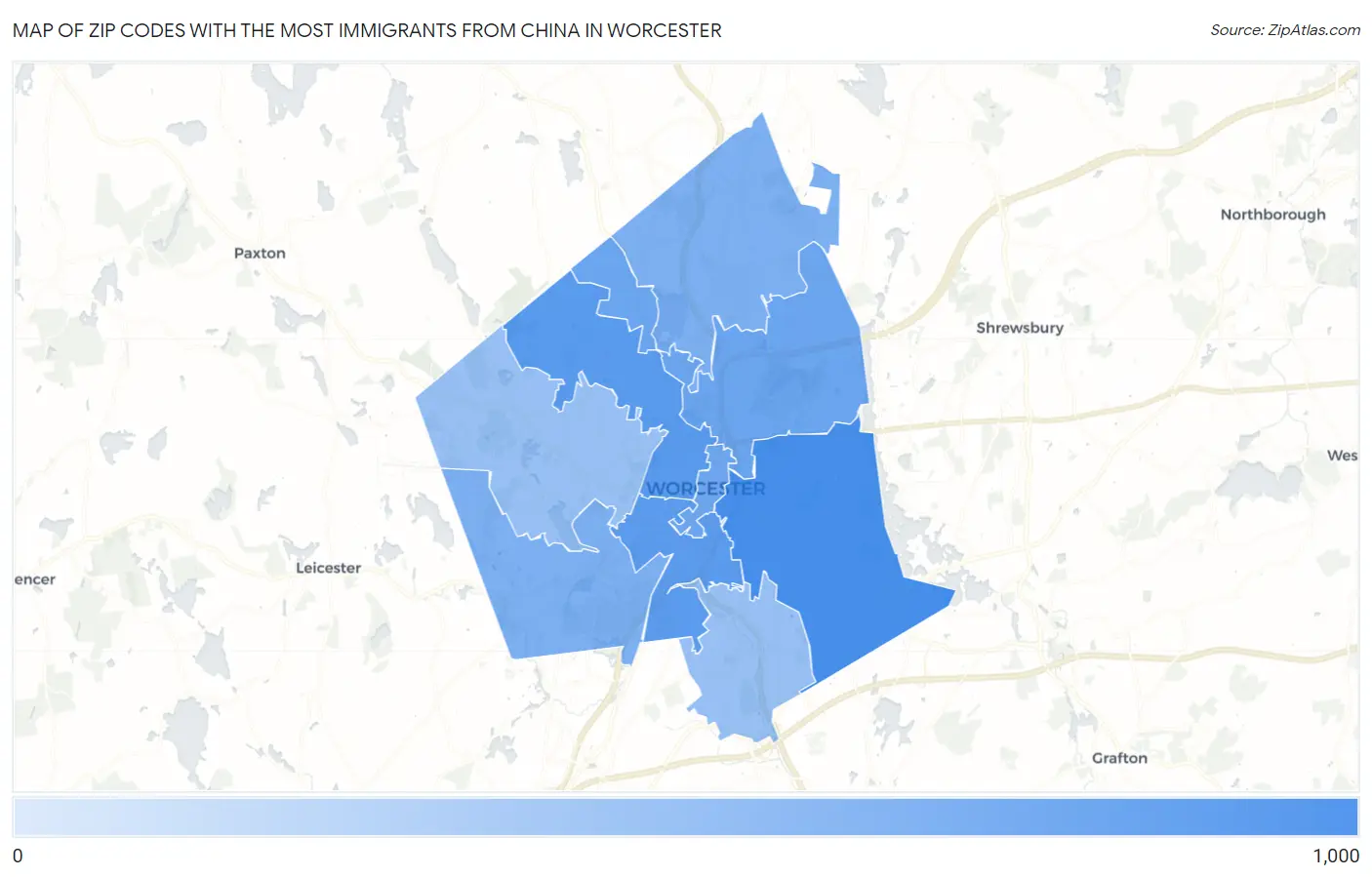 Zip Codes with the Most Immigrants from China in Worcester Map