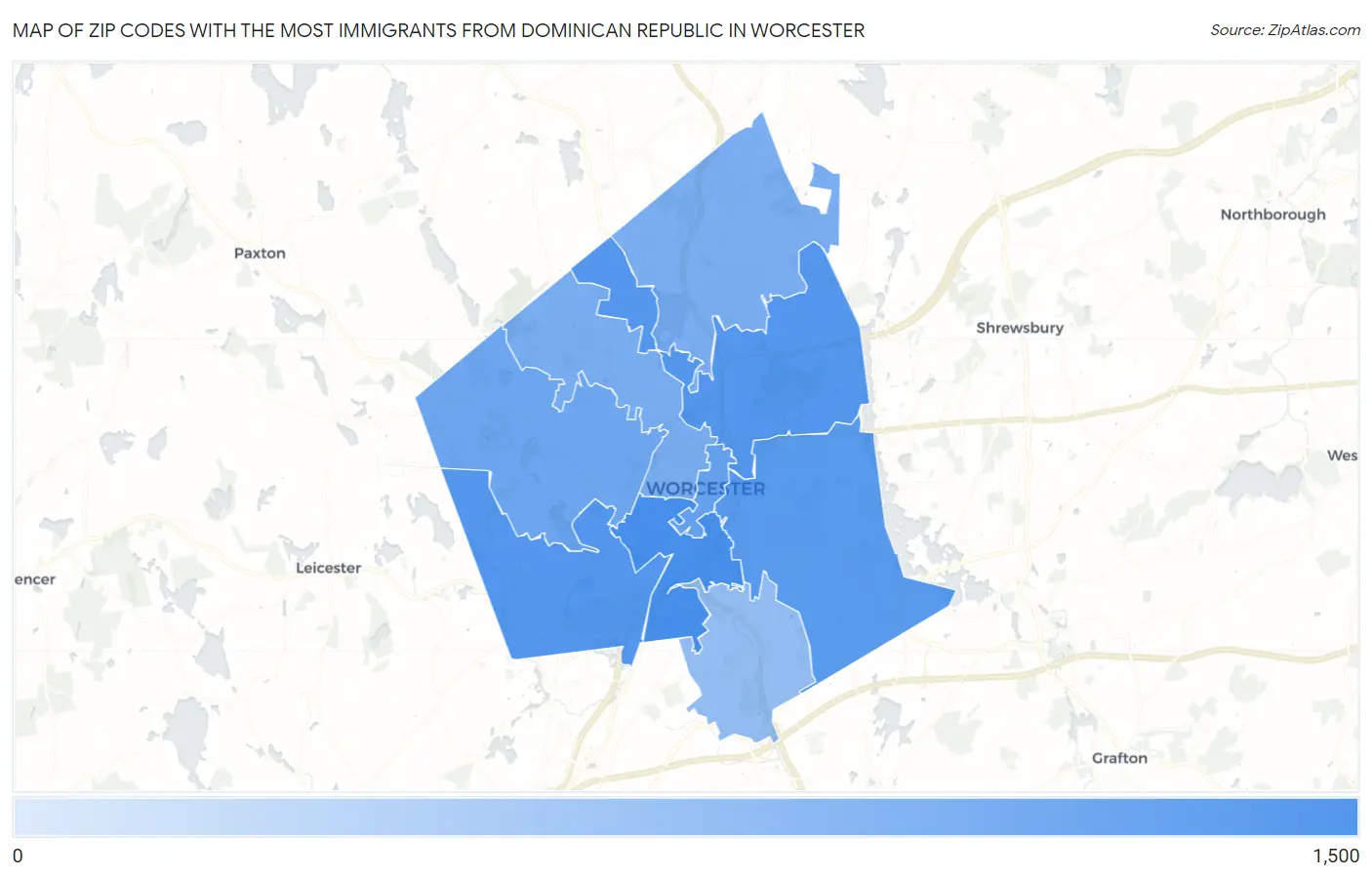 Zip Codes with the Most Immigrants from Dominican Republic in Worcester Map