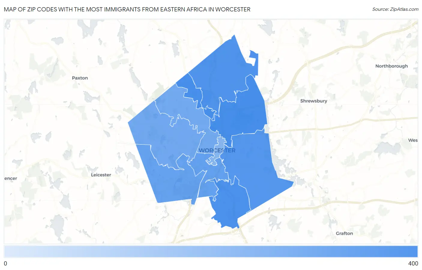 Zip Codes with the Most Immigrants from Eastern Africa in Worcester Map