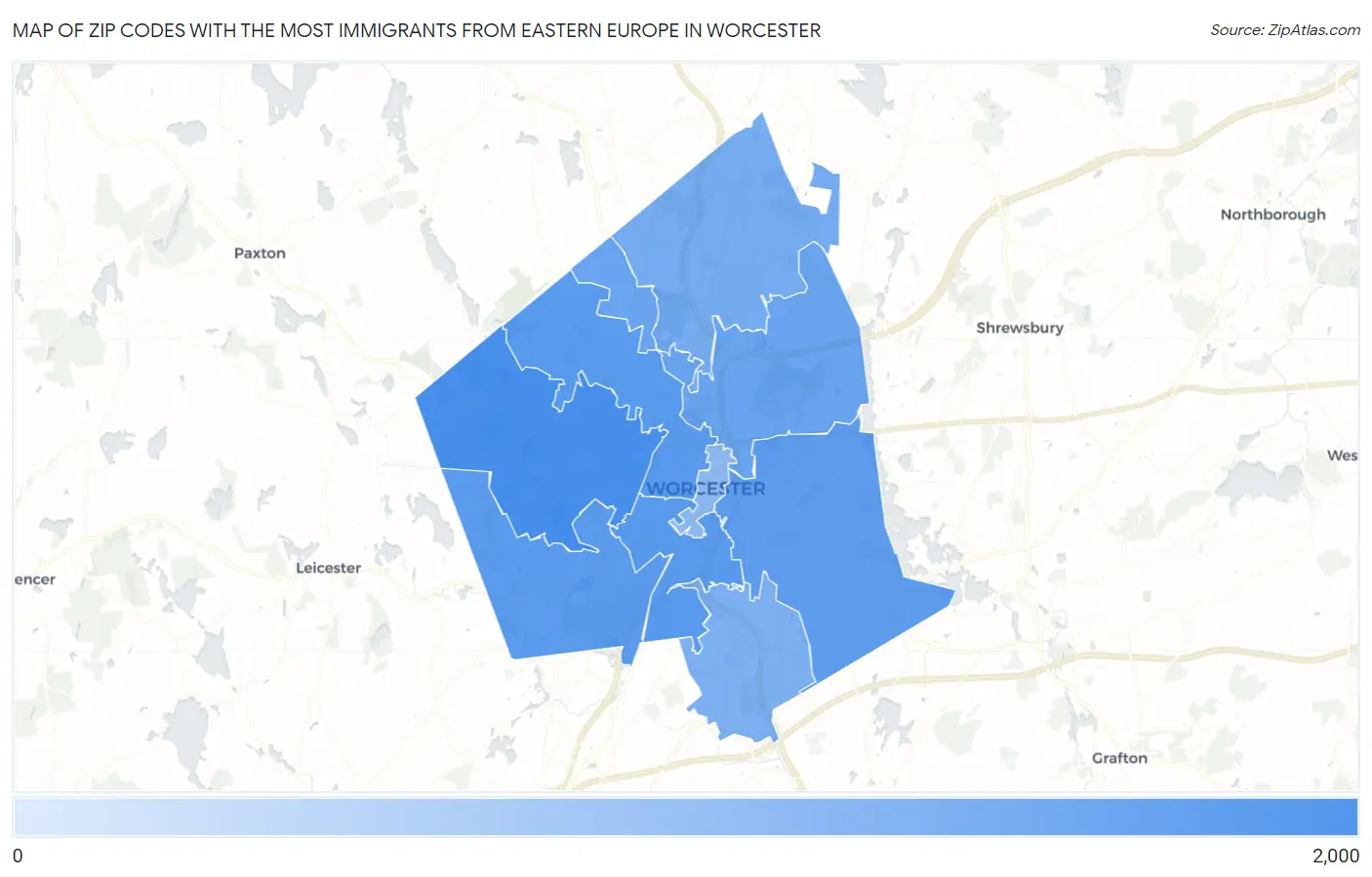 Zip Codes with the Most Immigrants from Eastern Europe in Worcester Map