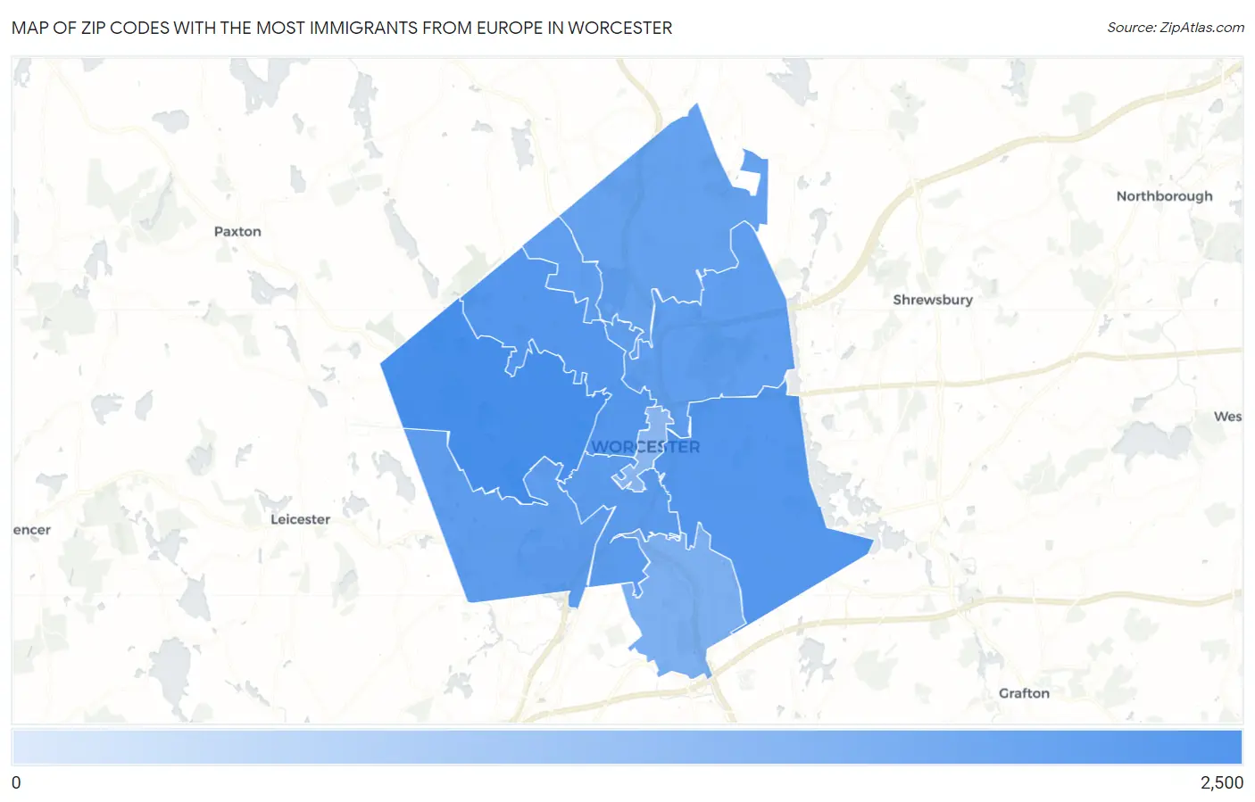 Zip Codes with the Most Immigrants from Europe in Worcester Map