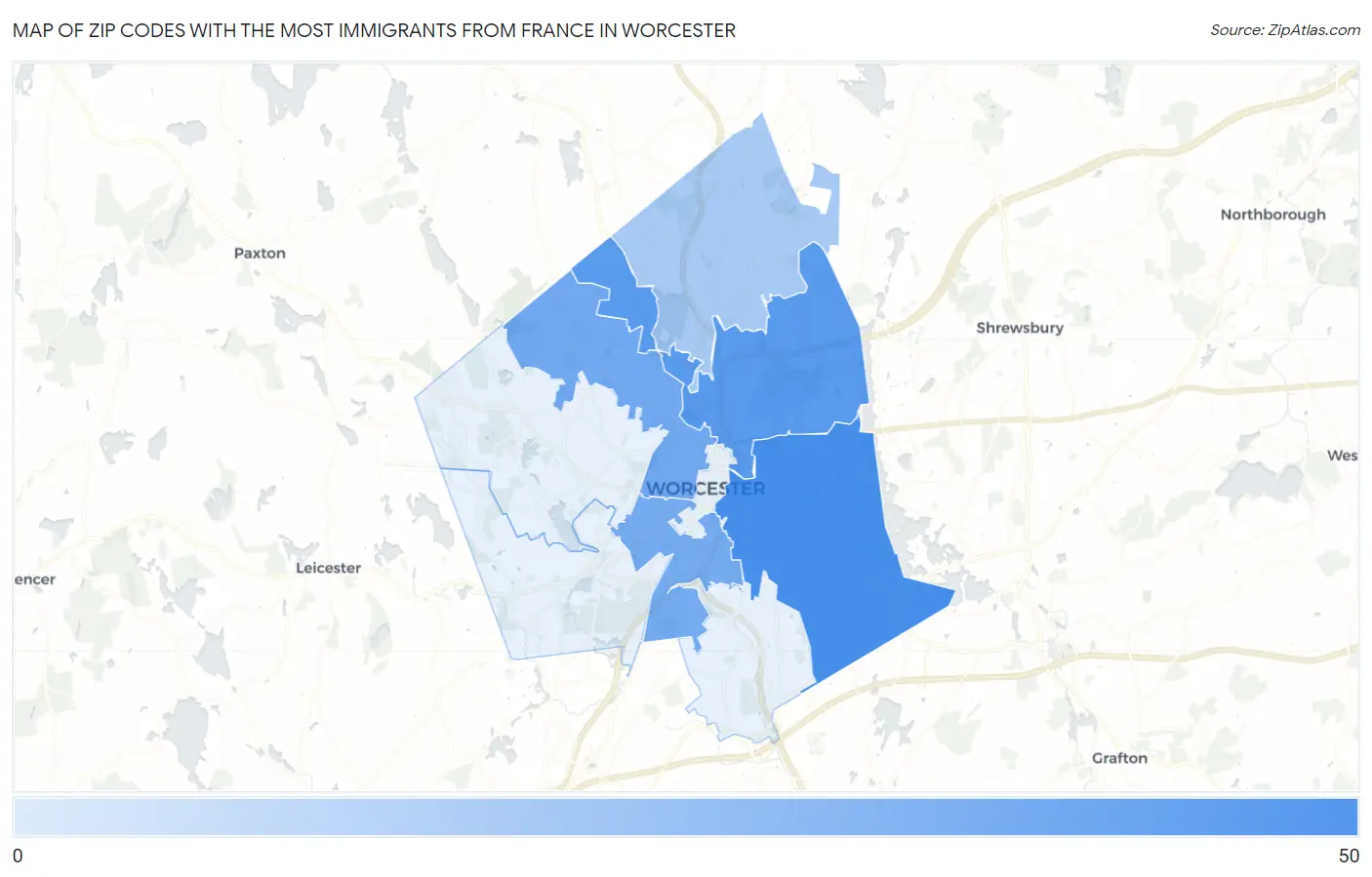 Zip Codes with the Most Immigrants from France in Worcester Map