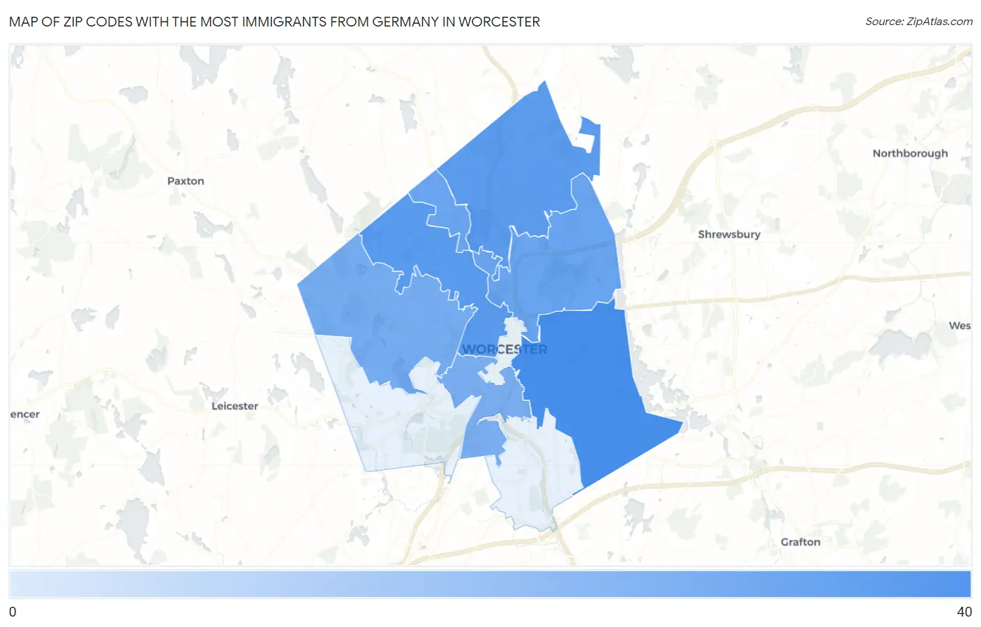 Zip Codes with the Most Immigrants from Germany in Worcester Map