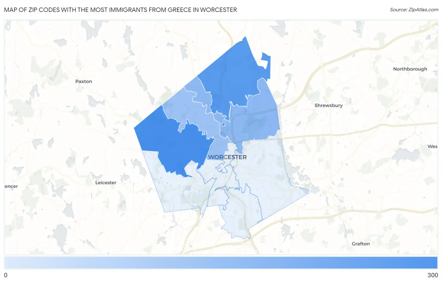 Zip Codes with the Most Immigrants from Greece in Worcester Map