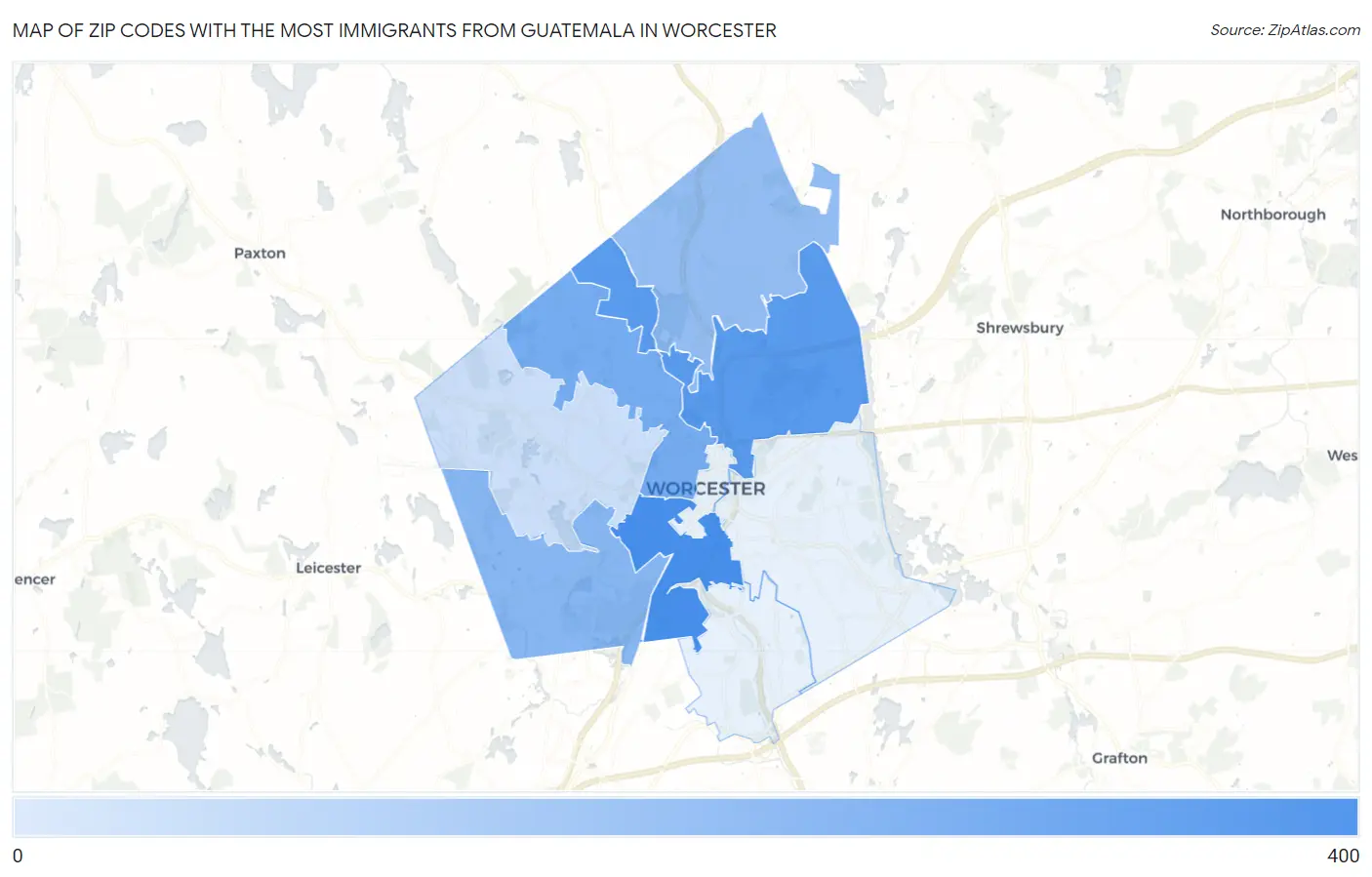 Zip Codes with the Most Immigrants from Guatemala in Worcester Map