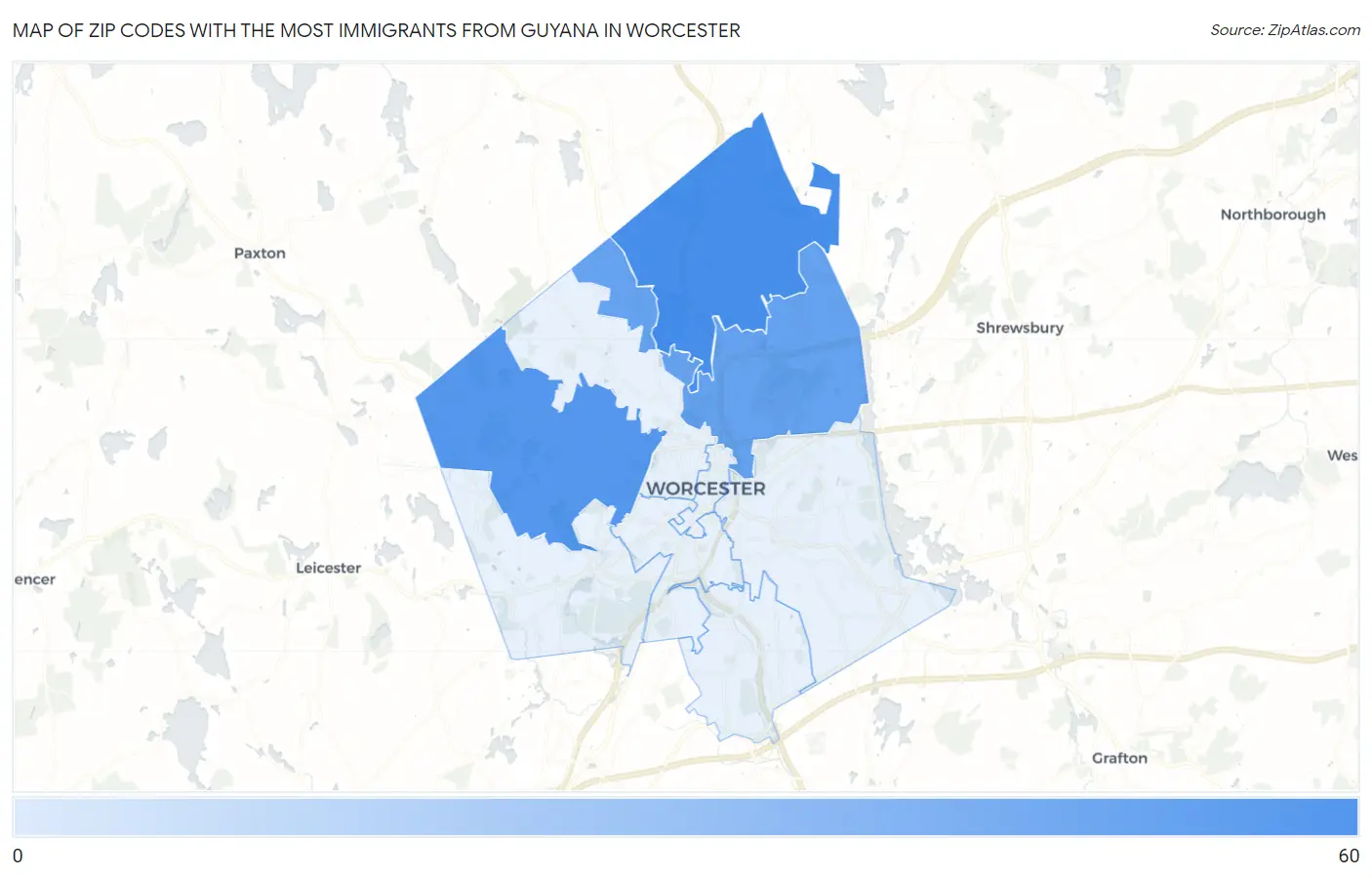 Zip Codes with the Most Immigrants from Guyana in Worcester Map