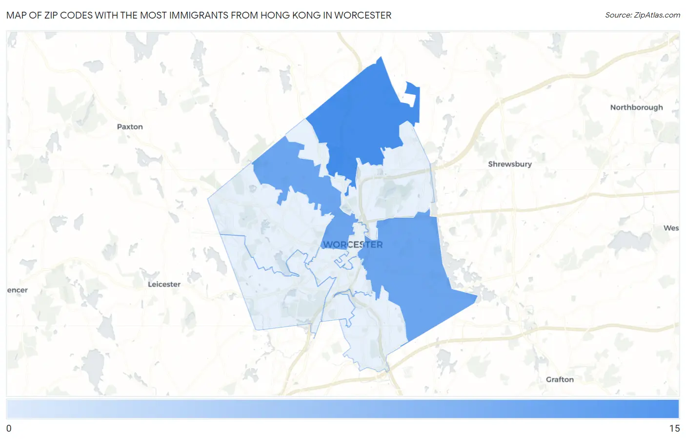Zip Codes with the Most Immigrants from Hong Kong in Worcester Map