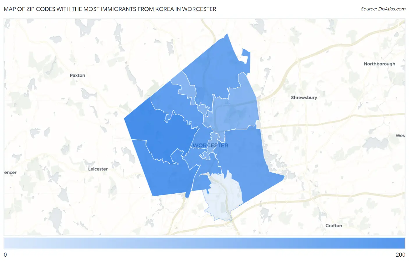 Zip Codes with the Most Immigrants from Korea in Worcester Map