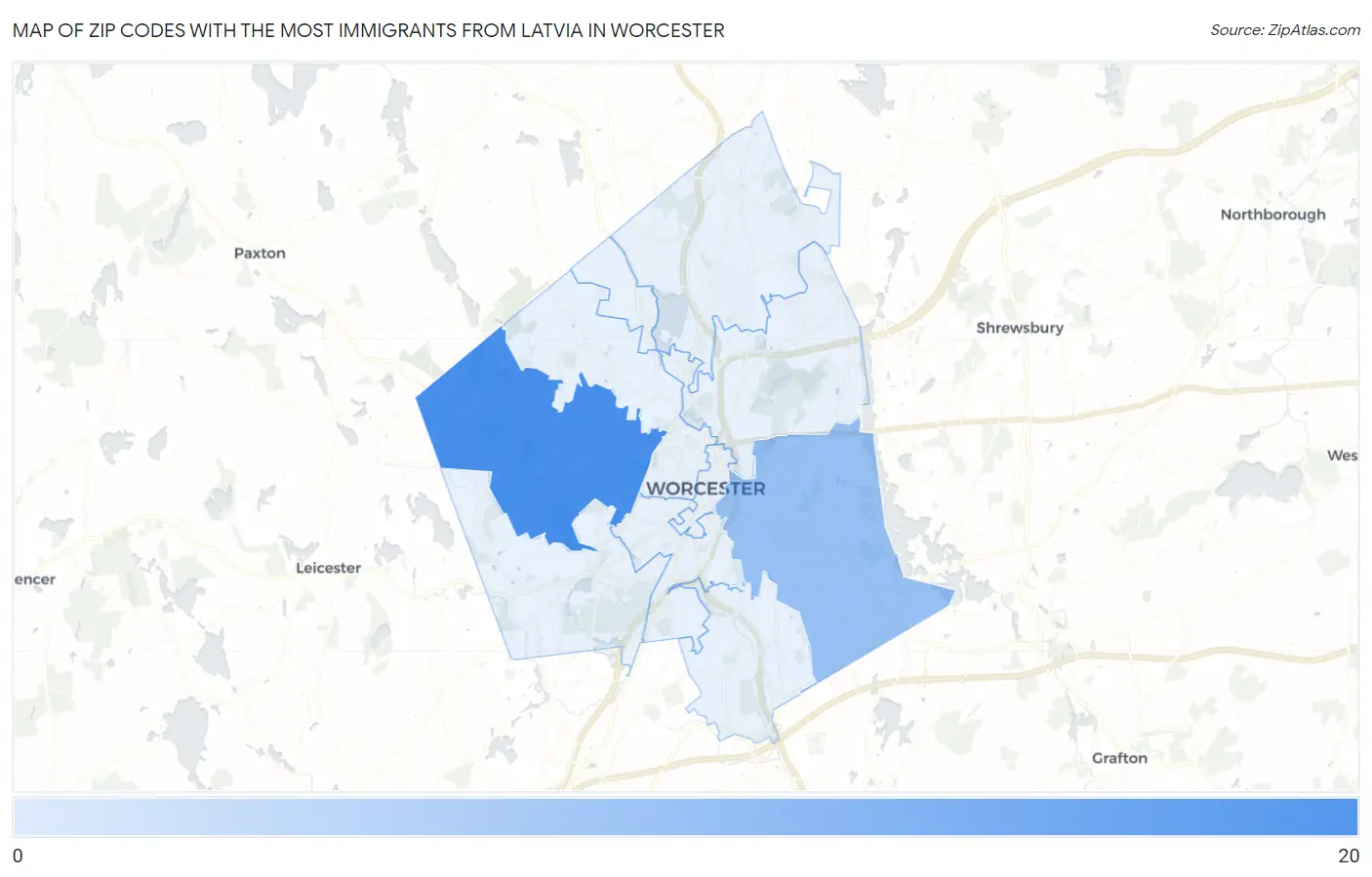 Zip Codes with the Most Immigrants from Latvia in Worcester Map