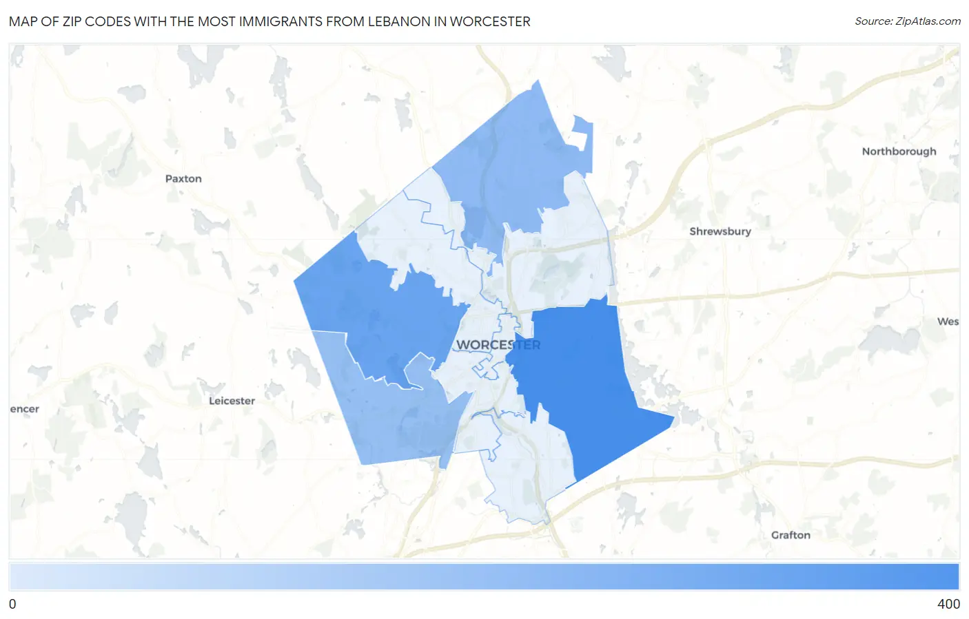 Zip Codes with the Most Immigrants from Lebanon in Worcester Map