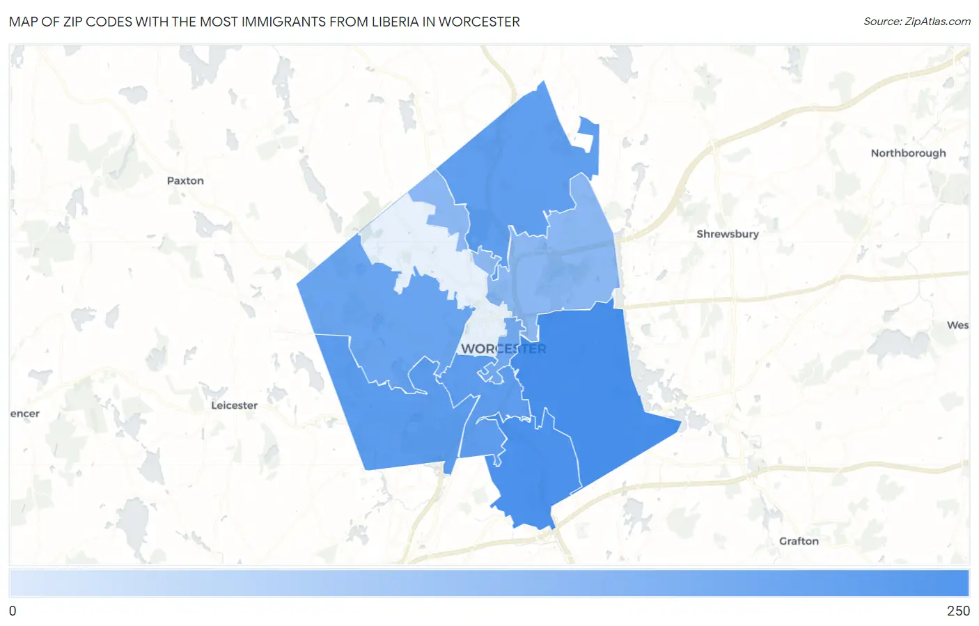 Zip Codes with the Most Immigrants from Liberia in Worcester Map