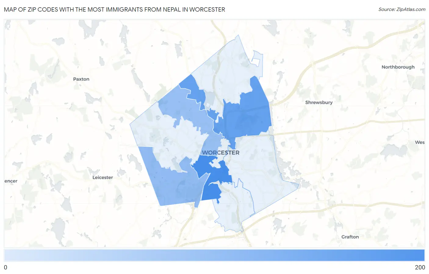 Zip Codes with the Most Immigrants from Nepal in Worcester Map