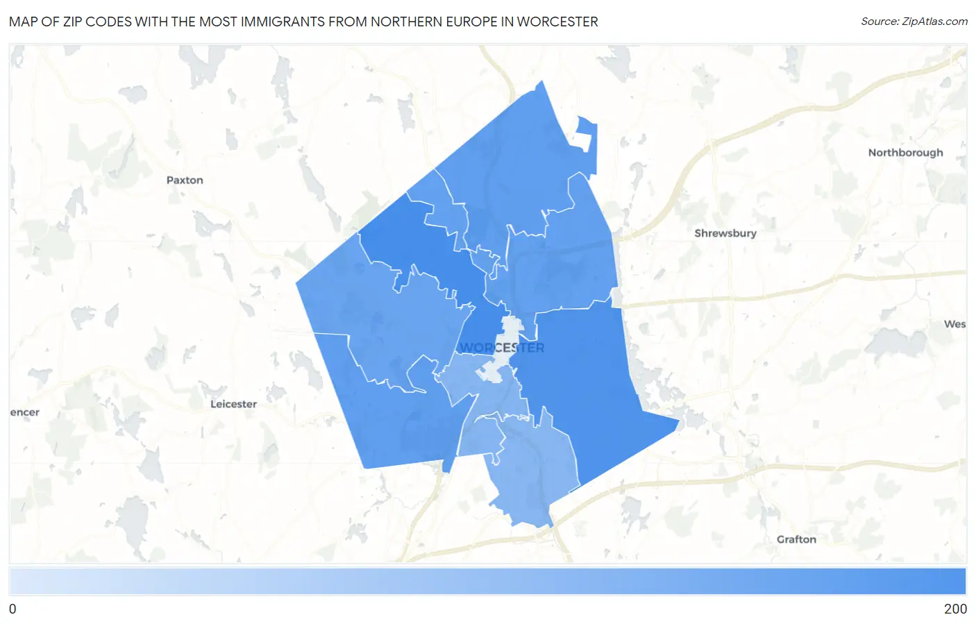Zip Codes with the Most Immigrants from Northern Europe in Worcester Map