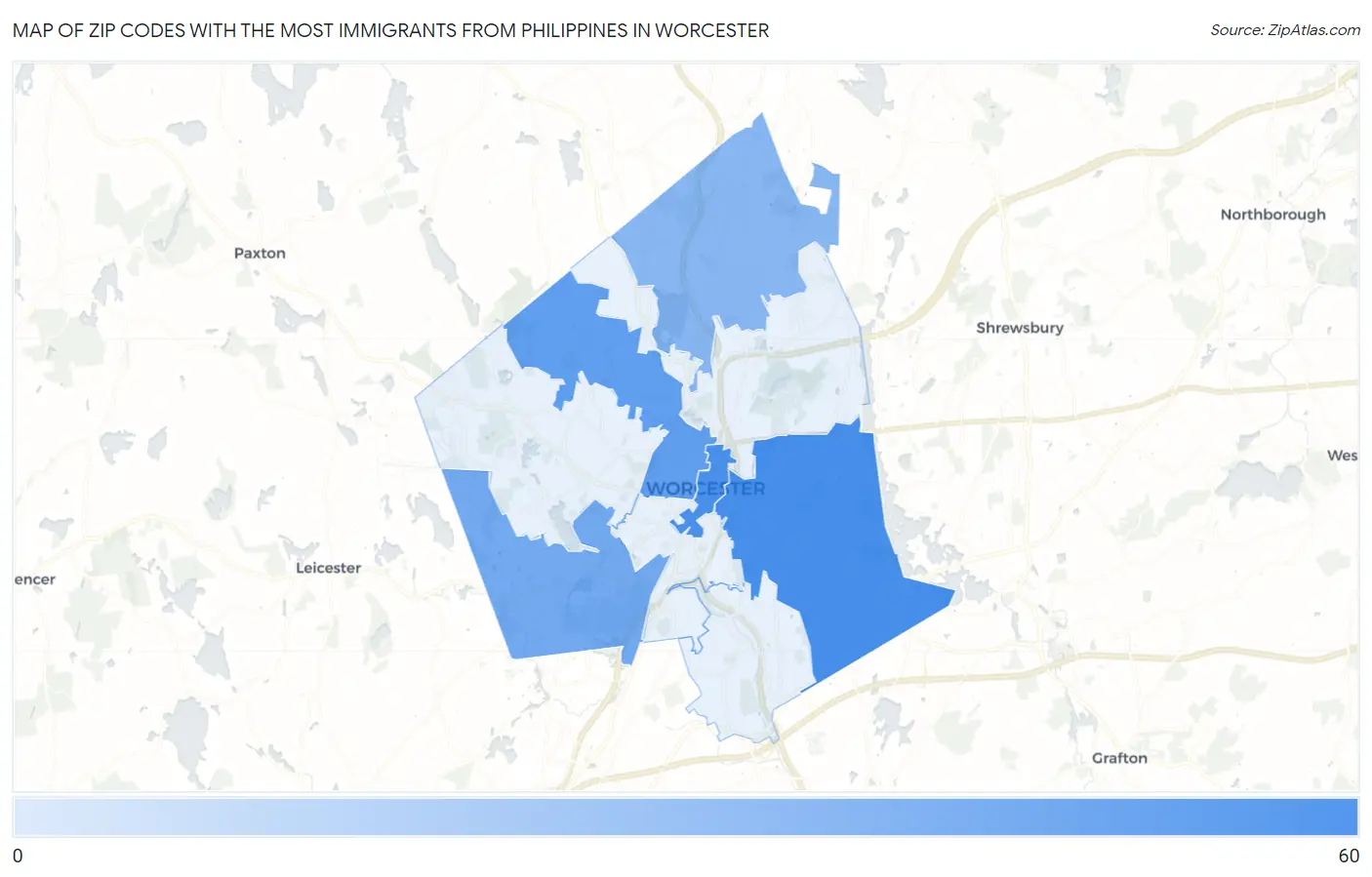 Zip Codes with the Most Immigrants from Philippines in Worcester Map