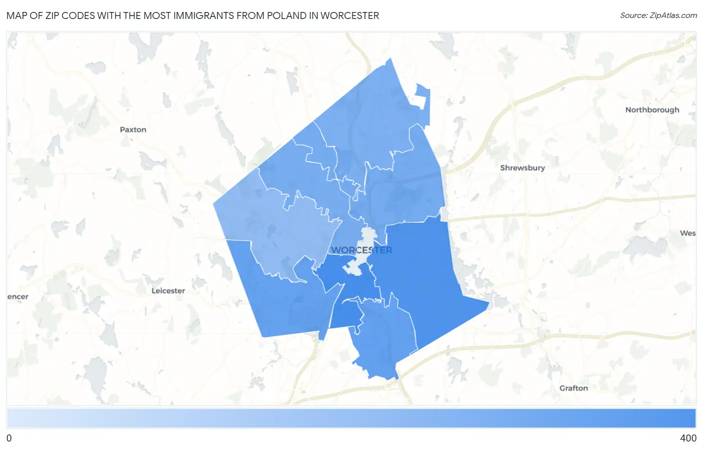 Zip Codes with the Most Immigrants from Poland in Worcester Map