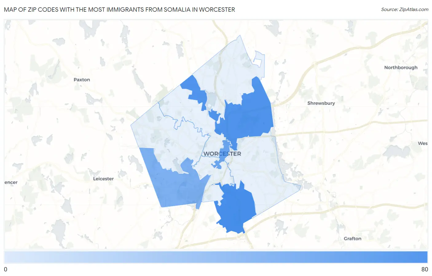 Zip Codes with the Most Immigrants from Somalia in Worcester Map