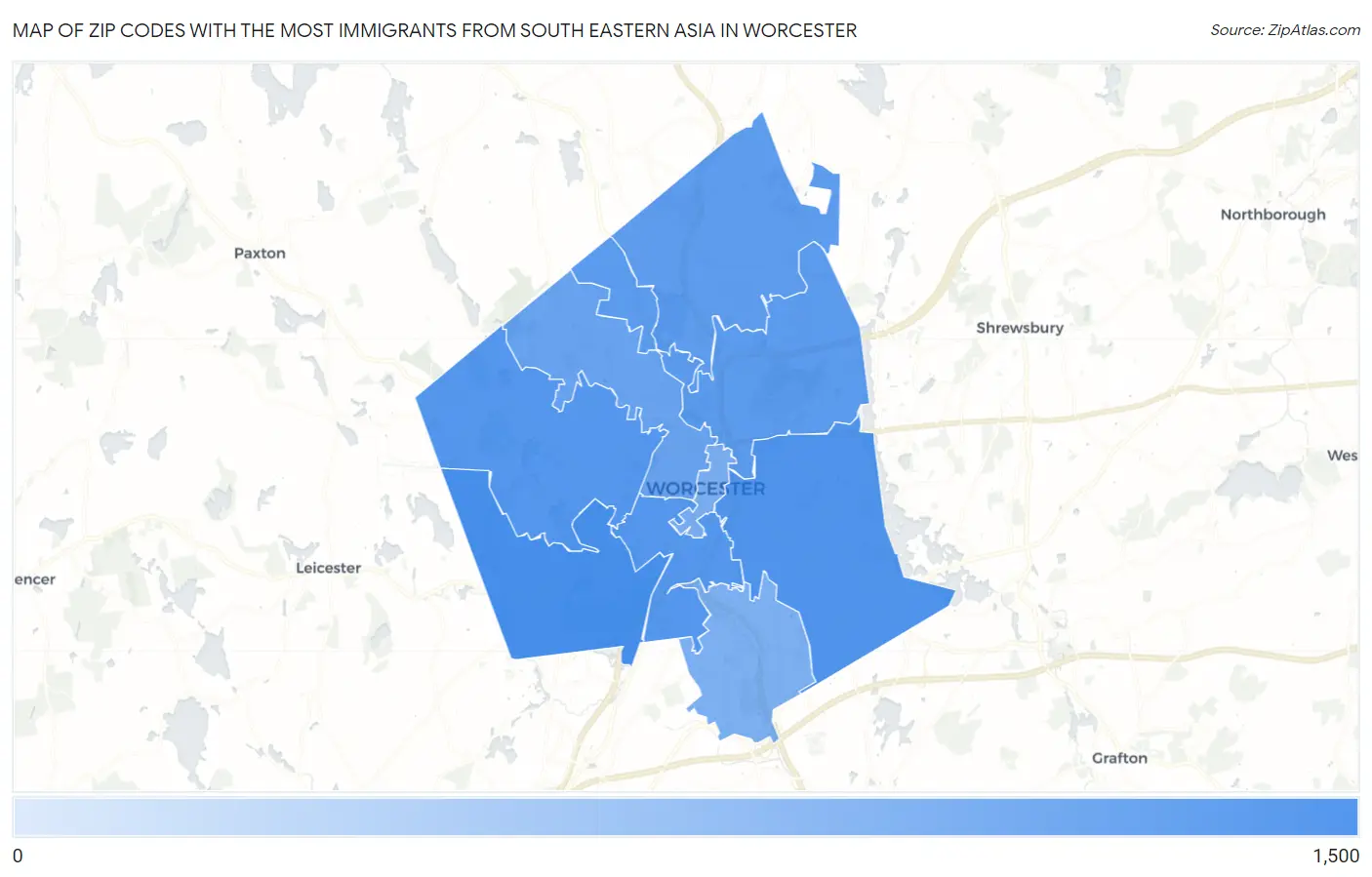 Zip Codes with the Most Immigrants from South Eastern Asia in Worcester Map