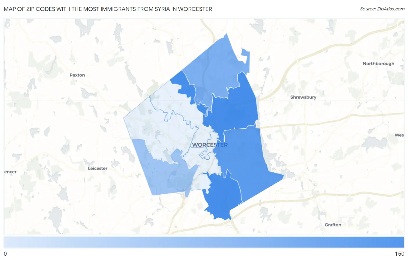 Zip Codes with the Most Immigrants from Syria in Worcester Map