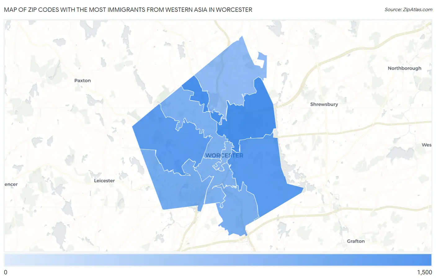 Zip Codes with the Most Immigrants from Western Asia in Worcester Map