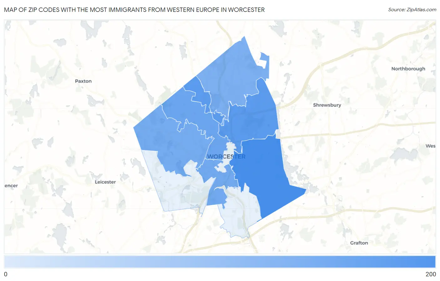 Zip Codes with the Most Immigrants from Western Europe in Worcester Map