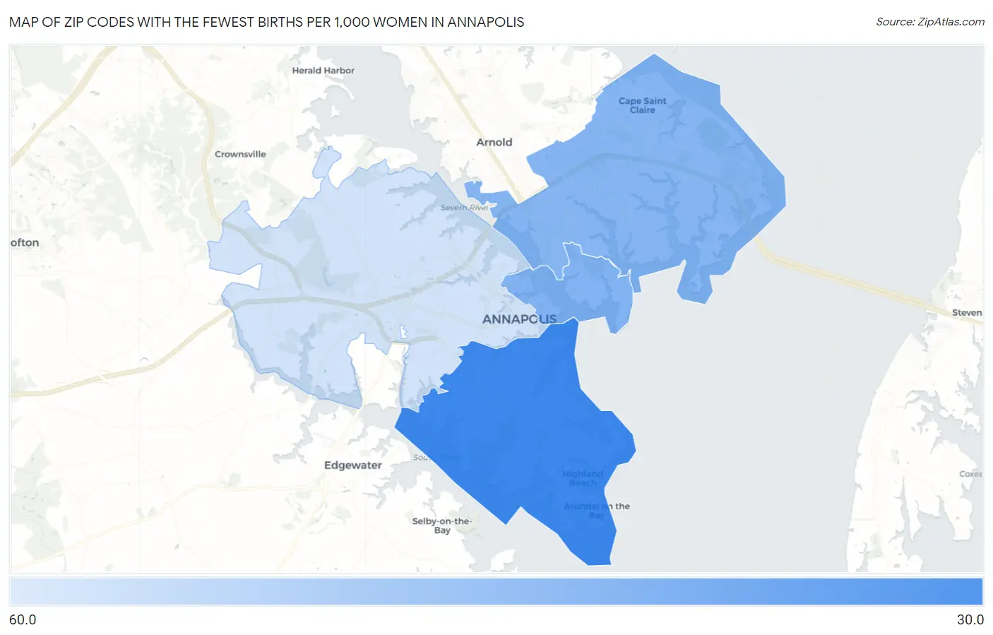 Zip Codes with the Fewest Births per 1,000 Women in Annapolis Map