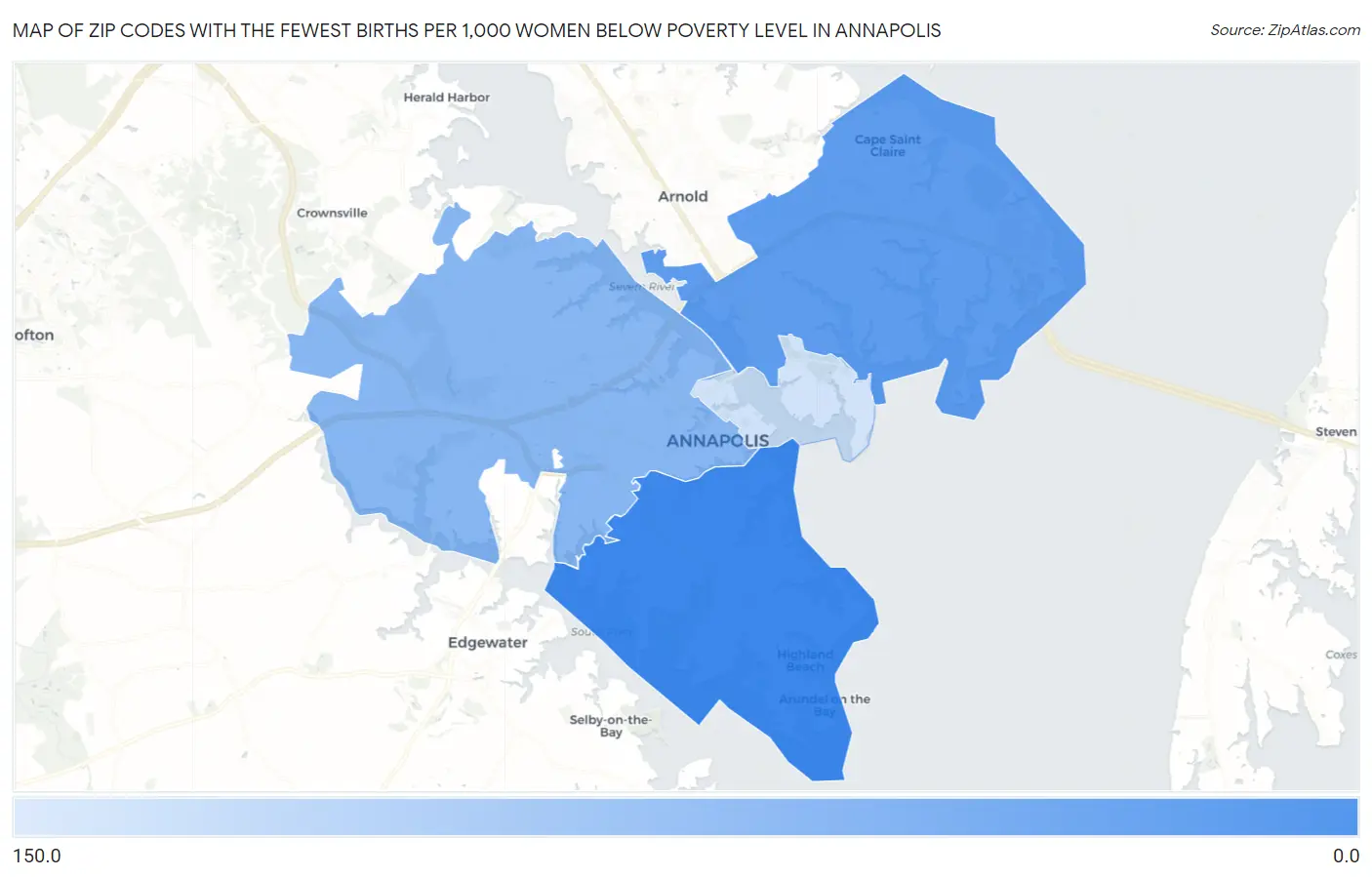 Zip Codes with the Fewest Births per 1,000 Women Below Poverty Level in Annapolis Map