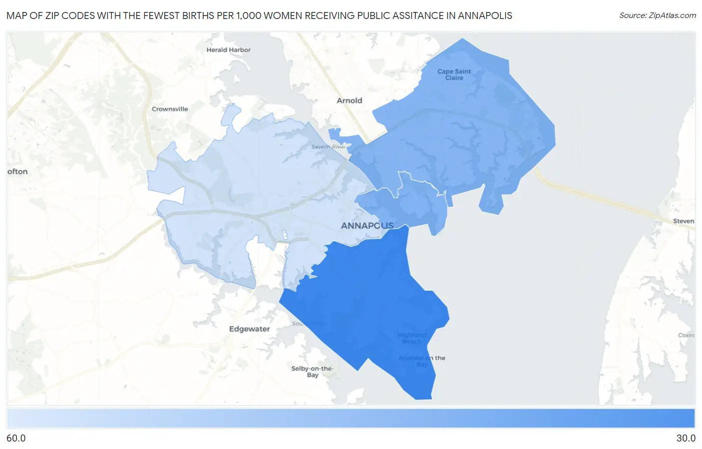 Zip Codes with the Fewest Births per 1,000 Women Receiving Public Assitance in Annapolis Map