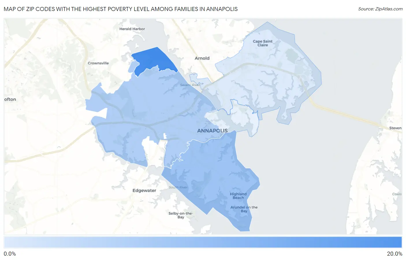 Zip Codes with the Highest Poverty Level Among Families in Annapolis Map