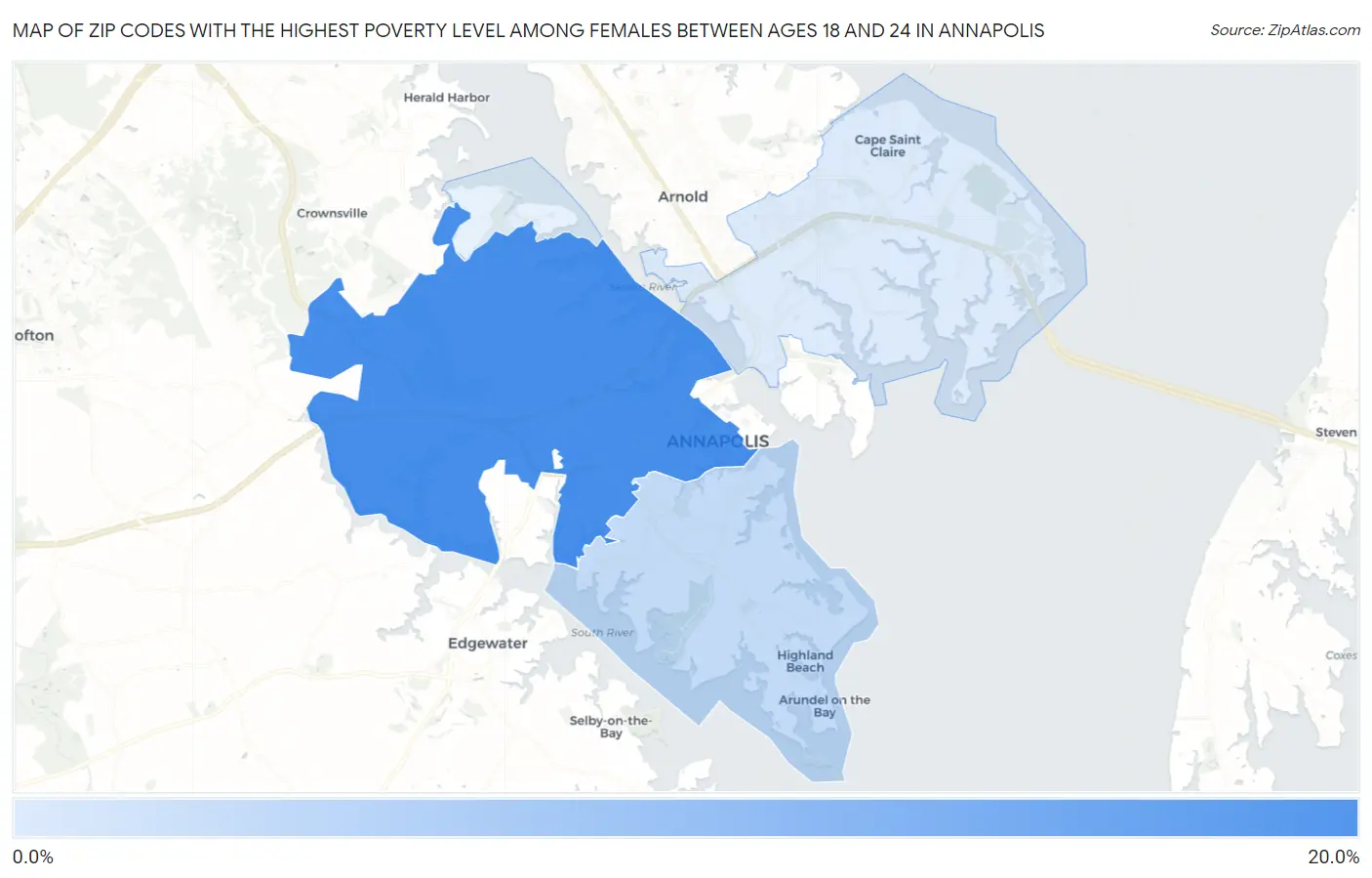 Zip Codes with the Highest Poverty Level Among Females Between Ages 18 and 24 in Annapolis Map