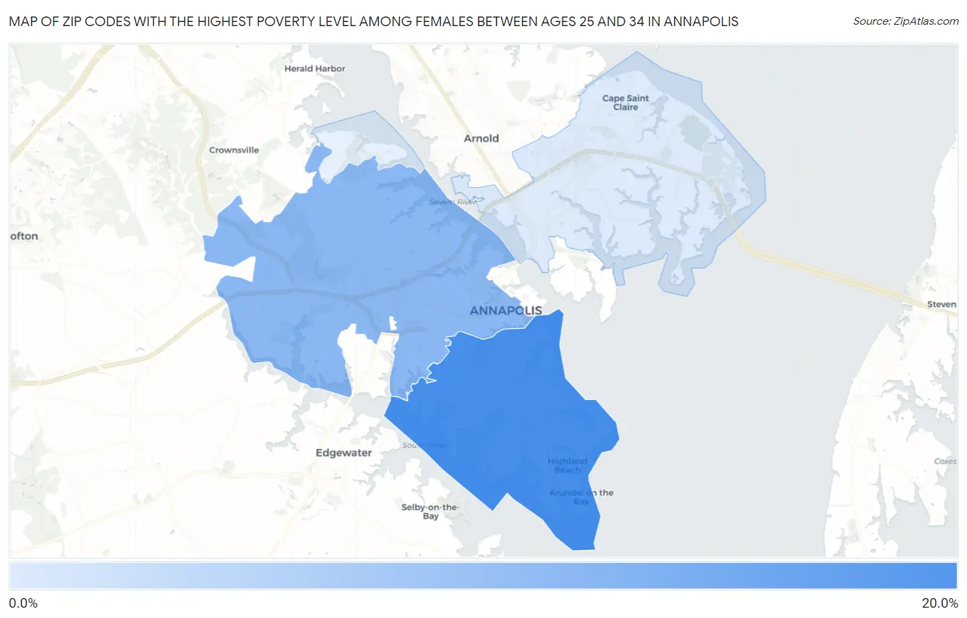 Zip Codes with the Highest Poverty Level Among Females Between Ages 25 and 34 in Annapolis Map