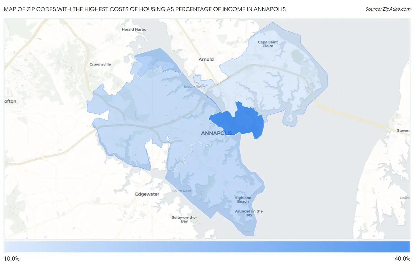 Zip Codes with the Highest Costs of Housing as Percentage of Income in Annapolis Map