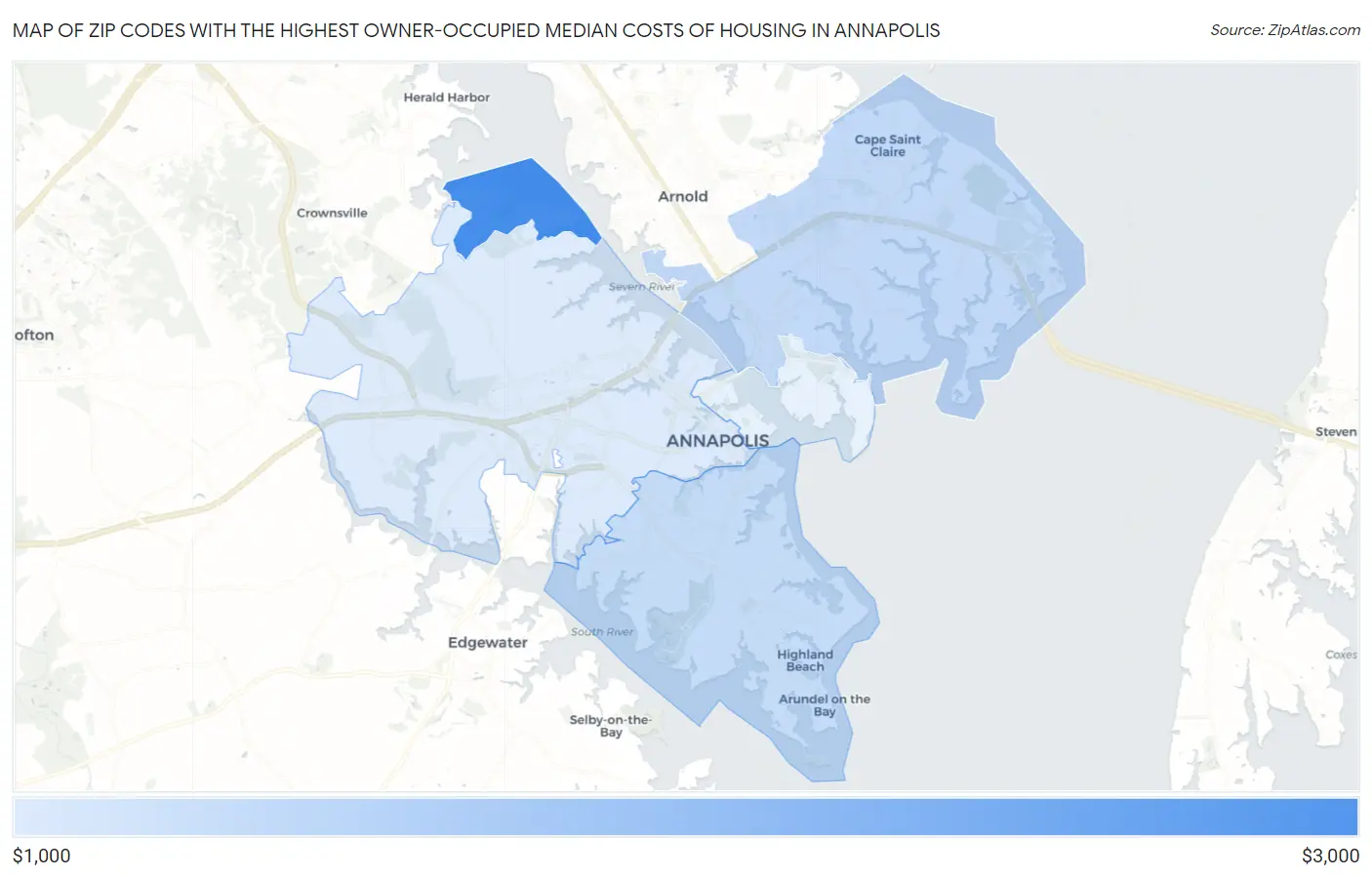 Zip Codes with the Highest Owner-Occupied Median Costs of Housing in Annapolis Map