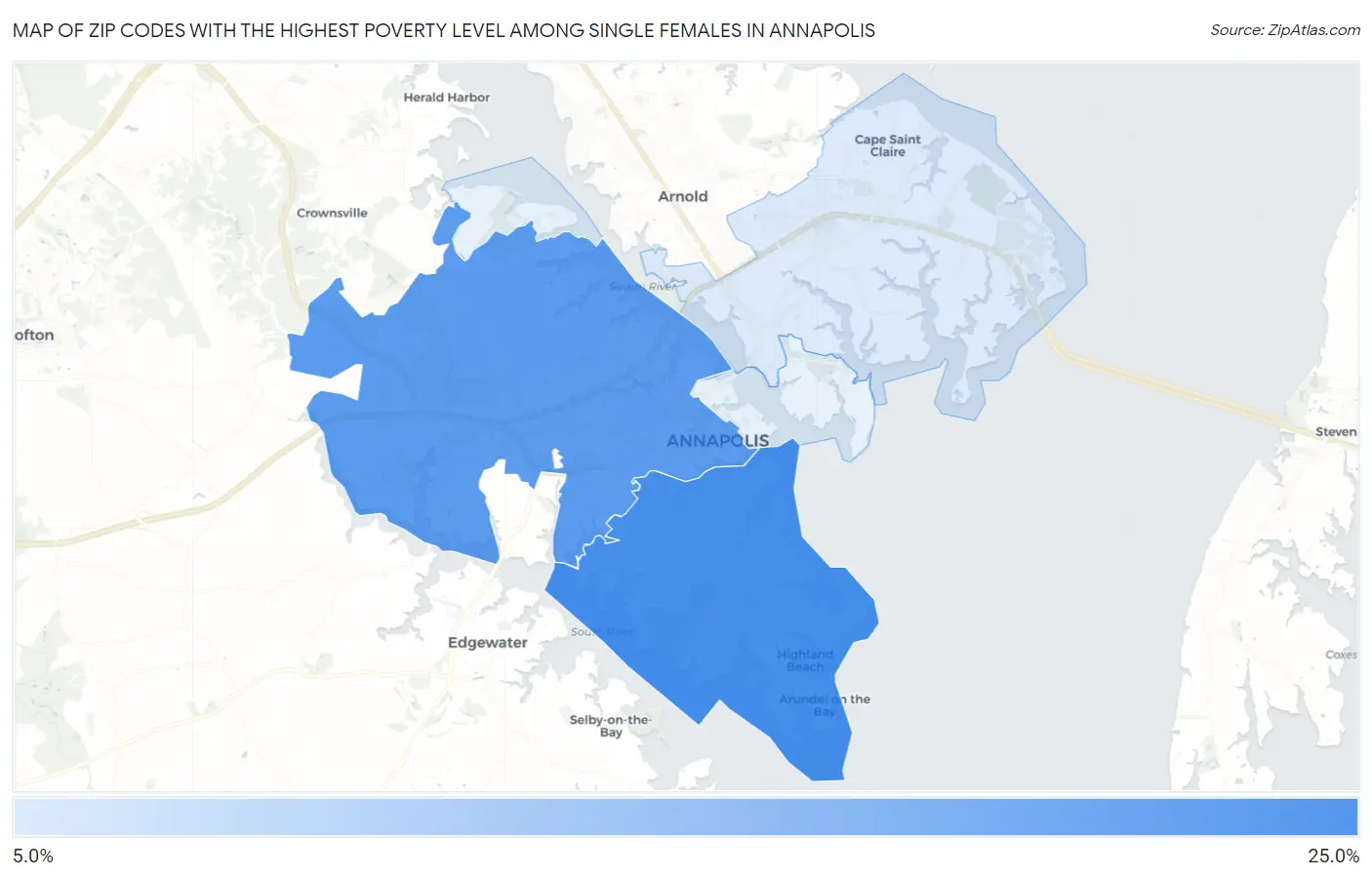 Zip Codes with the Highest Poverty Level Among Single Females in Annapolis Map