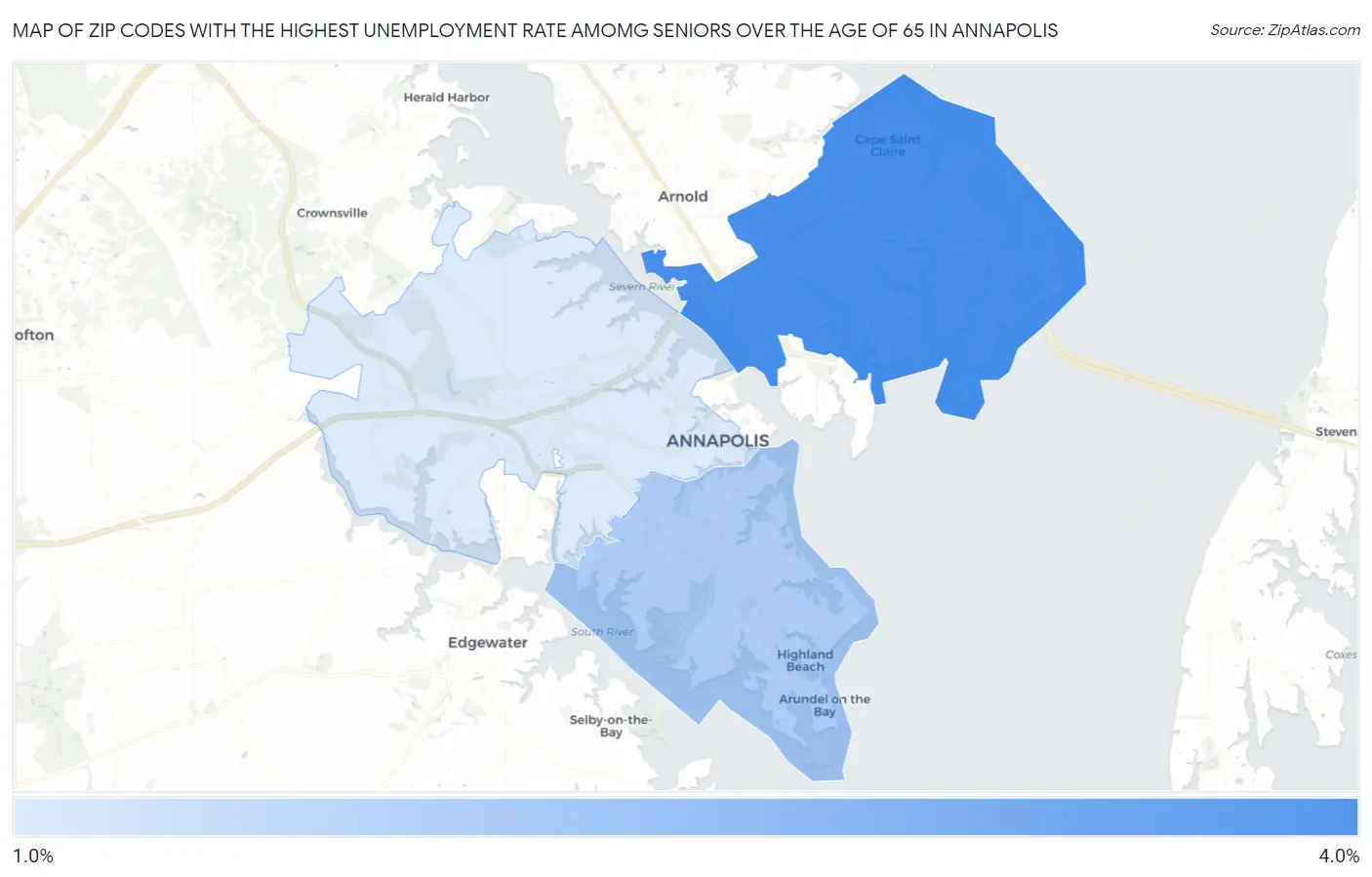 Zip Codes with the Highest Unemployment Rate Amomg Seniors Over the Age of 65 in Annapolis Map