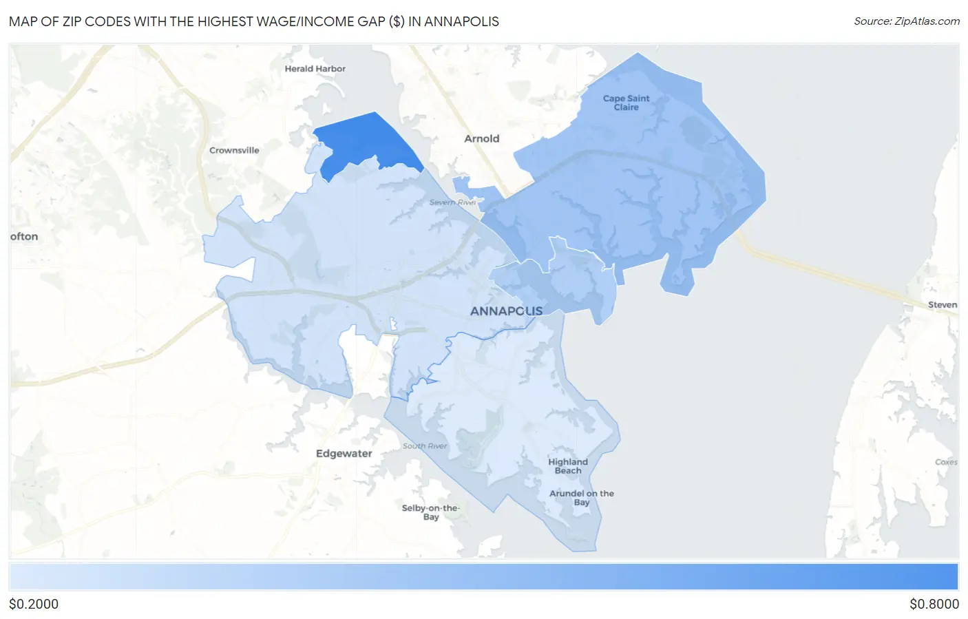 Zip Codes with the Highest Wage/Income Gap ($) in Annapolis Map