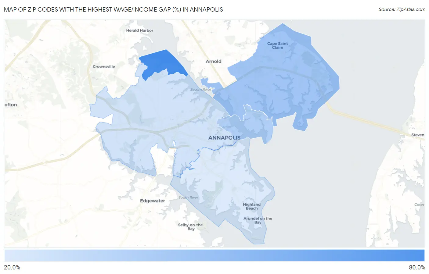 Zip Codes with the Highest Wage/Income Gap (%) in Annapolis Map