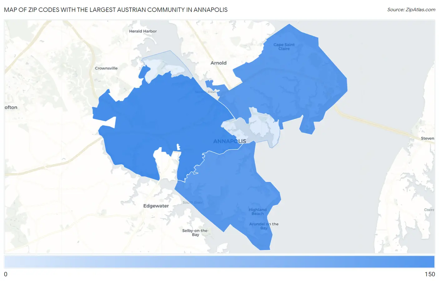 Zip Codes with the Largest Austrian Community in Annapolis Map